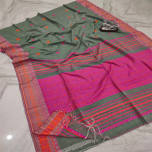 Grey colour khadi cotton jamdani saree with bp