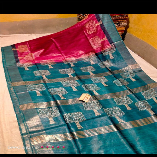 Pink body Ghicha with teal blue border tusar ghicha saree - Sarikart Online