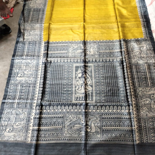 Yellow Ghicha with madhubani painted contrasting Border and Pallu - Sarikart Online