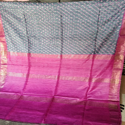 Grey body with pink border tusar ghicha saree - Sarikart Online