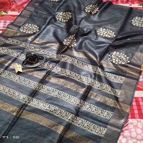 Black body1 with coffee border tusar ghicha saree - Sarikart Online