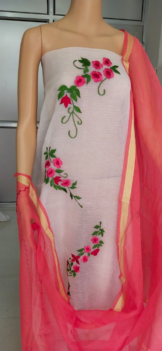 White top with peach dupatta Kota doria Embroidered suit