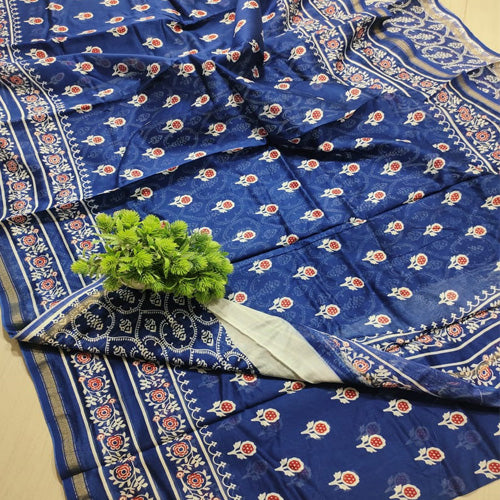 Dark blue base ajrakh print Chanderi cotton silk saree