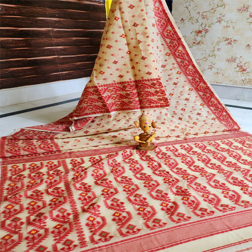 Cream Base with Red colour jamdani work all over