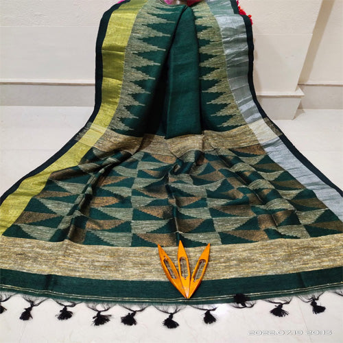 Bottle green color pure linen karat par saree with bp