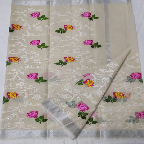 Cream color Kota doria embroidery saree