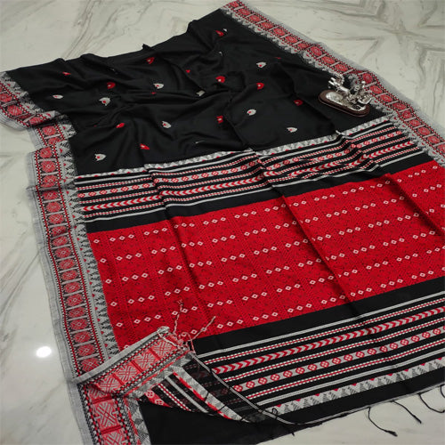 Black colour khadi cotton jamdani saree with bp