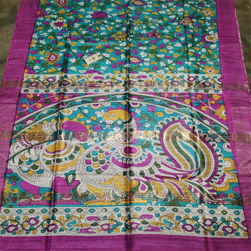 Teal blue body with magenta border tusar ghicha saree - Sarikart Online