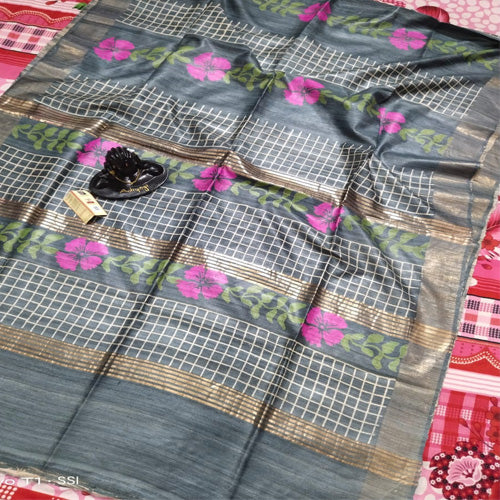 Grey body with golden border tusar ghicha saree - Sarikart Online