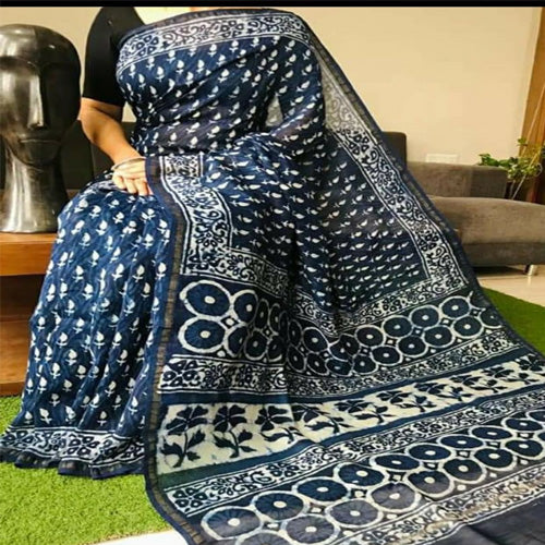 Indigo print Chanderi cotton silk saree with hand block print8