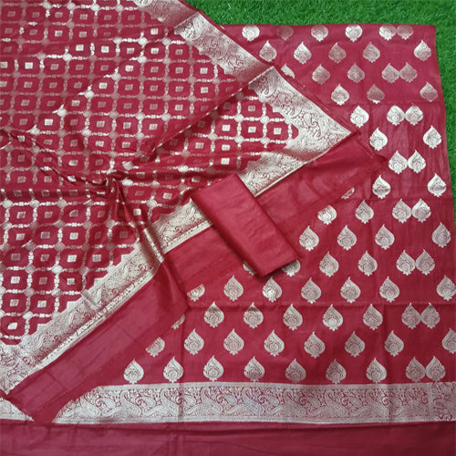 Maroon color unstitched  banarasi cotton 3 pcs suit - Sarikart Online