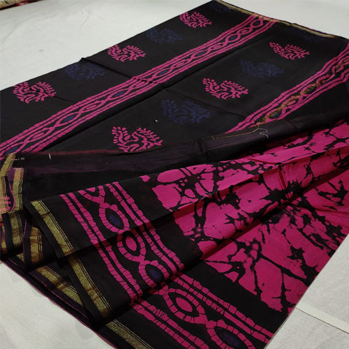 Dark Pink with Black Silk Cotton Batik Print Saree1