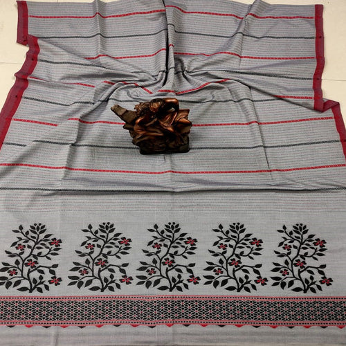 Light grey color pure masrised cotton jamdani sarees with bp