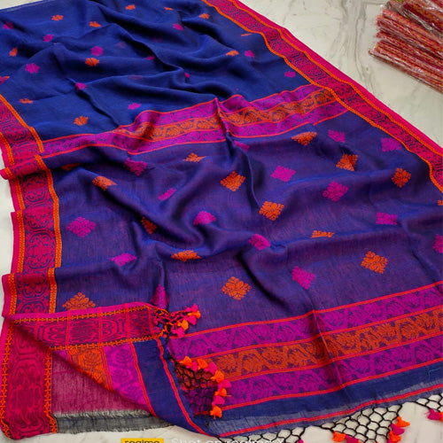 Royal blue color linen Jamdani