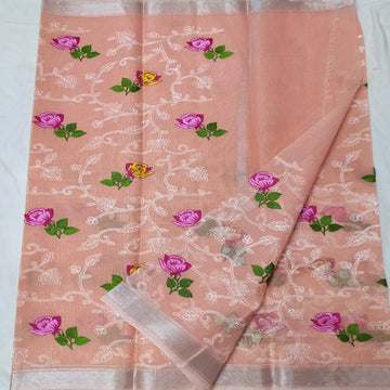 Peach colour Kota doria embroidery saree