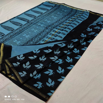 Black blue barly print Chanderi cotton silk saree with hand block print