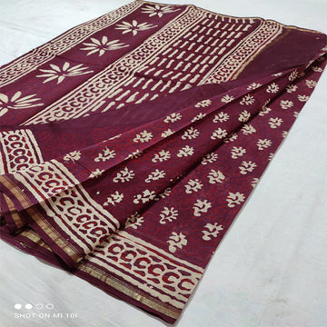 Maroon3 double dabu print Chanderi cotton silk saree with hand block print