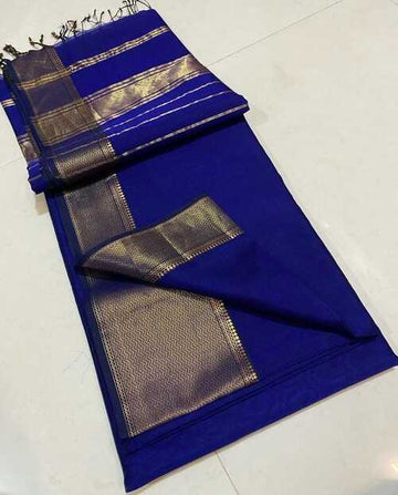 Blue color gold zari with broad border saree