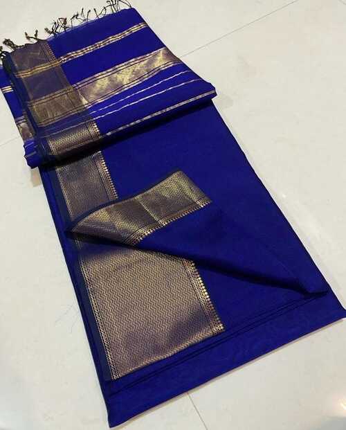 Blue color gold zari with broad border saree