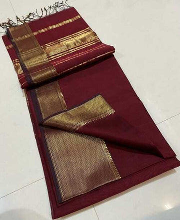 Maroon color gold zari with broad border saree