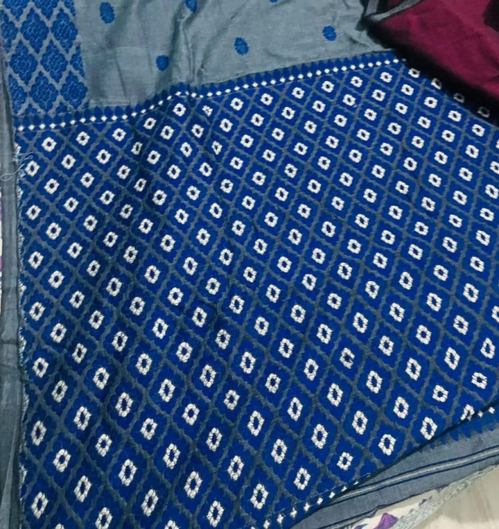 Slate grey Base Kamrup cotton with deep blue butis all over and beautifull woven contrast Pallu with Blue and White diamond shape weaves - Sarikart Online