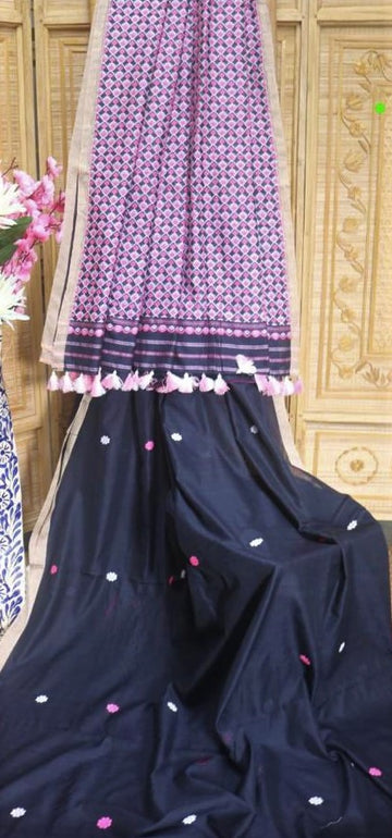 Black Classic Cotton with Pink woven butis all over and Pink intricate exquisite woven Pallu and Border