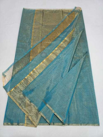 Blue color cotton silk zari width saree