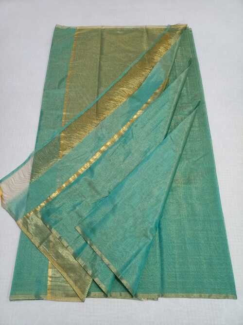 Teal blue color cotton silk zari width saree