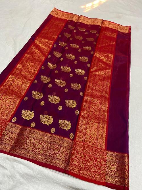 Maroon color chanderi katan silk saree