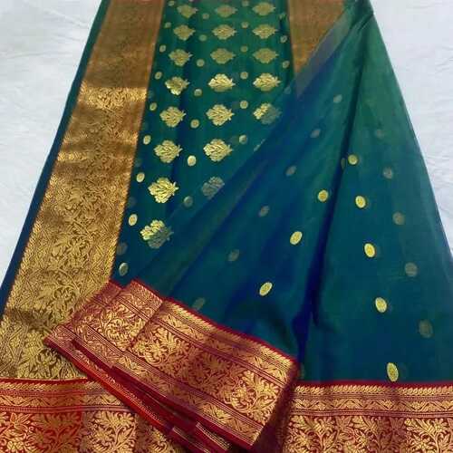 Peacock blue color chanderi katan silk saree