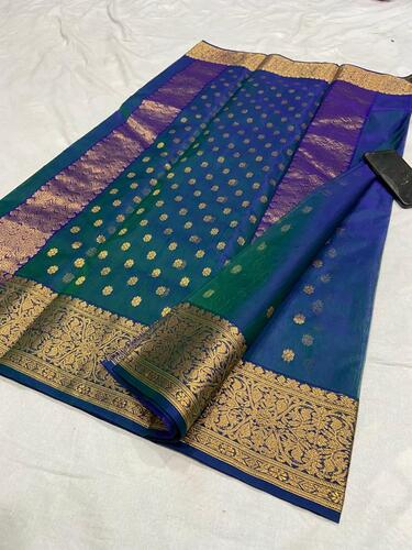 Royal Blue & Green Zari buti ,border and Royal blue Selvedge