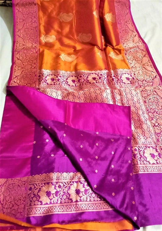 Orange and pink Benarasi with Contrast BP - Sarikart Online