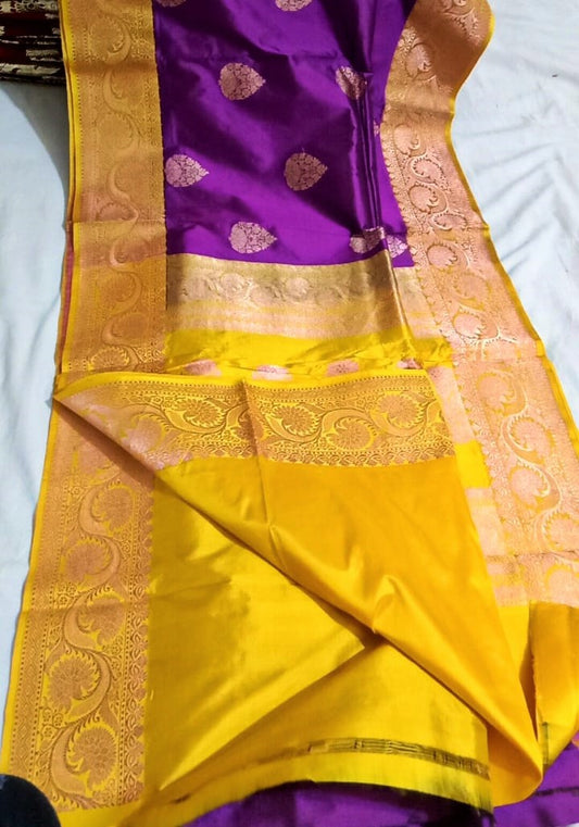 Purple and Mustard Benarasi with Contrast BP - Sarikart Online