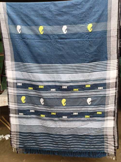 Dark blue color with lime & white butis all over with a contrast white plain border & pallu