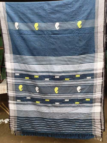 Dark blue color with lime & white butis all over with a contrast white plain border & pallu