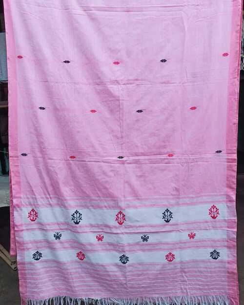 Baby pink color with black & red butis all over with a contrast pink plain border & pallu