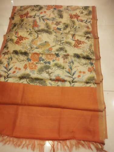 Beige body& light brown pallu Kosa silk digital print & pohwai art saree