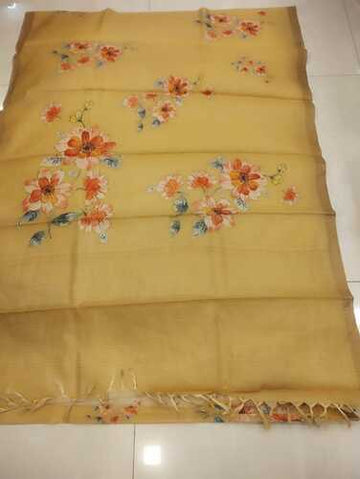 Yellow body Kosa silk digital print & pohwaii art saree