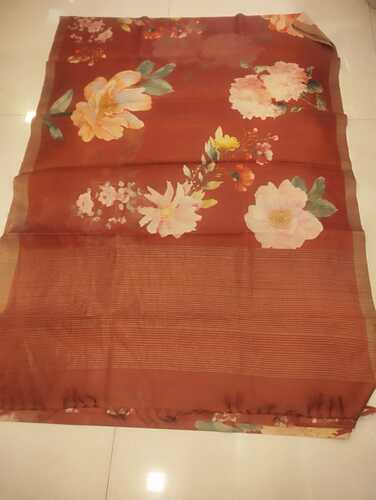 Rust body Kosa silk digital print & pohwai art saree