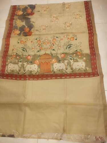 Beige & Rust body Kosa silk digital print & pohwai art saree