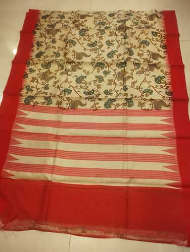 Beige & Maroon body Kosa silk digital print & pohwai art saree