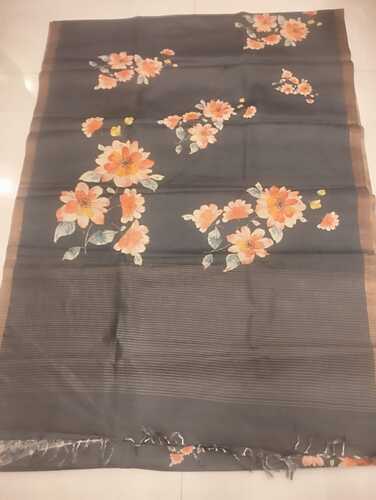 Blackish body Kosa silk digital print & pohwai art saree