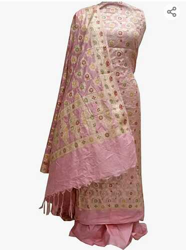 Light pink base colour unstiched benarasi cotton silk 3 pcs suit