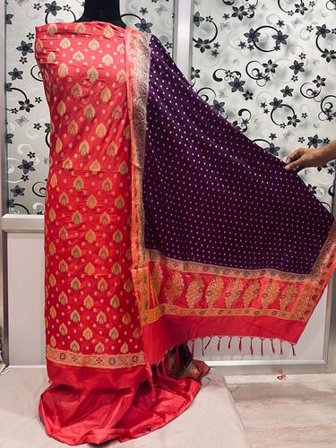 Red base color unstiched benarasi cotton silk 3 pcs suit