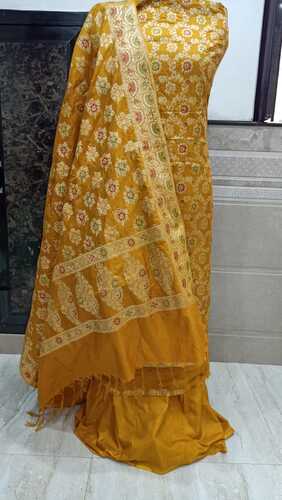 Mustard base colour unstiched benarasi cotton silk 3 pcs suit