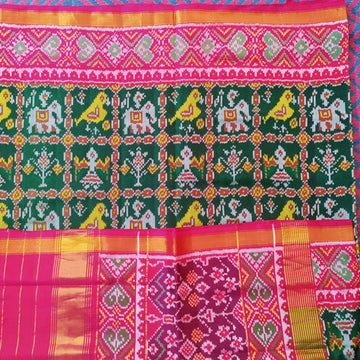 Patola single ikkat bottle green with pink border saree