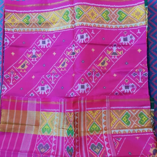 Patola single ikkat pink with little brown border saree