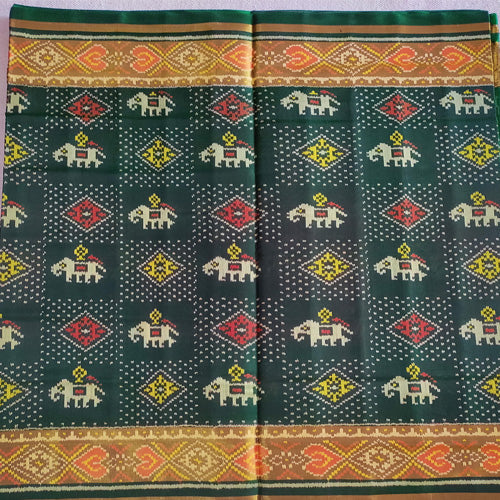 Patola single ikkat bottle green with light brown border saree