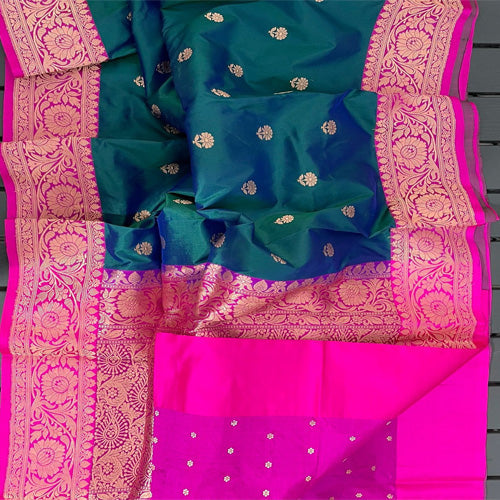 Gorgeous Dark Blue large buta katan silk with contrast Pink intricate zari woven large border and Pallu