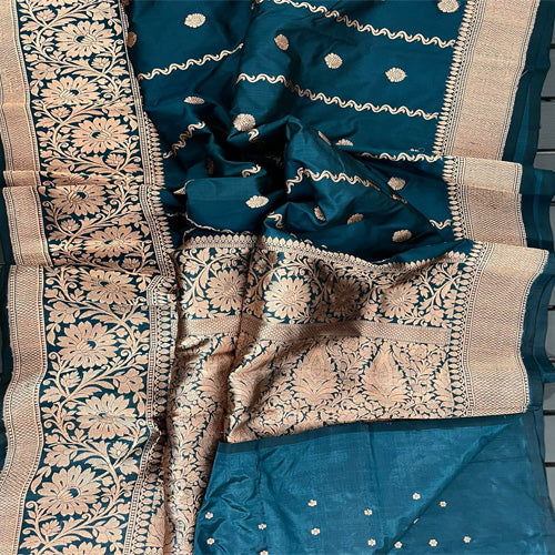 Gorgeous Dark Blue large buta katan silk with contrast intricate zari woven large border and Pallu